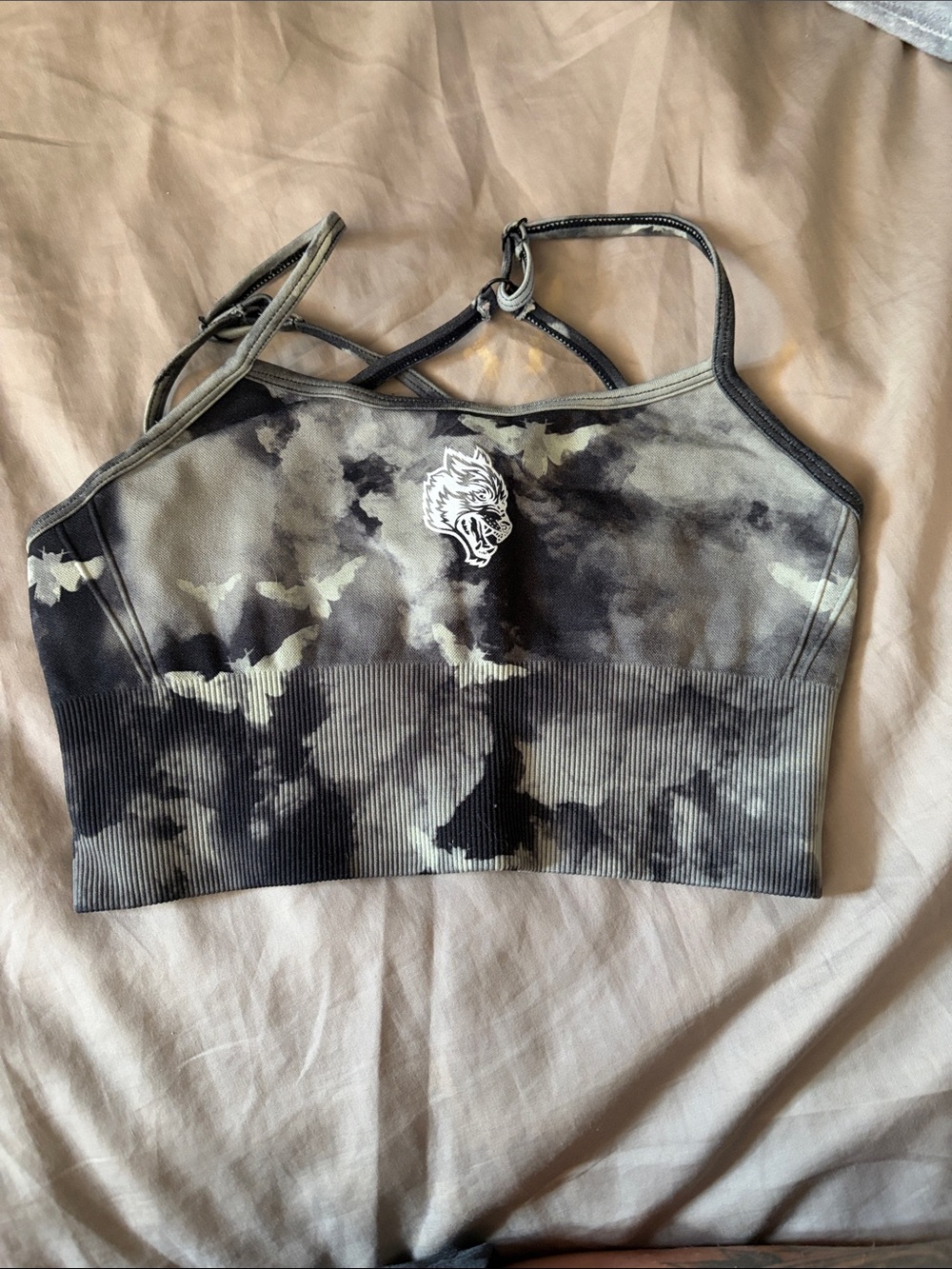 Darc Sport Black and Gray Tie-Dye Strappy Sports Bra - Picture 1 of 2